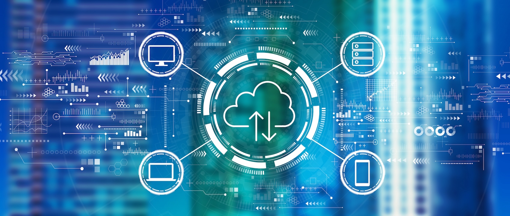 An abstract with technology icons describing cloud computing.